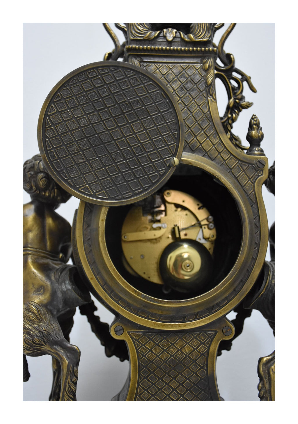 Figural Clock Garniture in Metal and Green Marble — original detail view 2