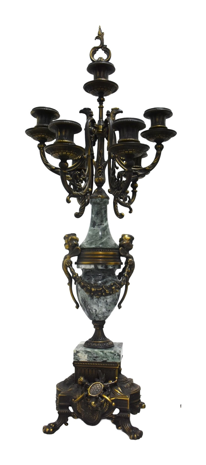 Figural Clock Garniture in Metal and Green Marble — original detail view 3