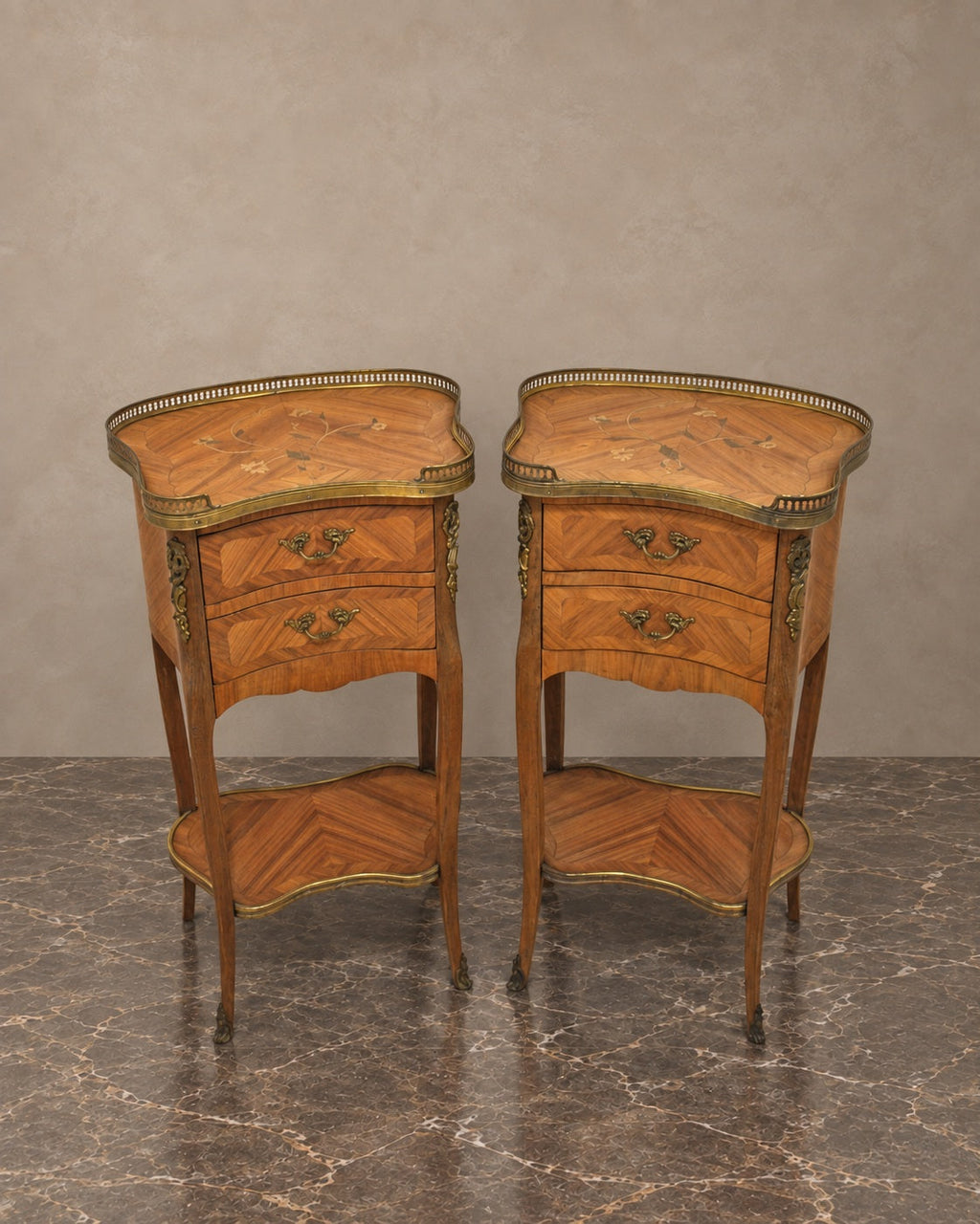 Pair of Louis XV-style marquetry bedside tables, complete pair in a taupe and marble setting