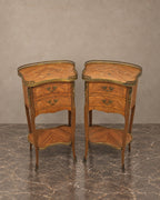 Pair of Louis XV-style marquetry bedside tables, complete pair in a taupe and marble setting
