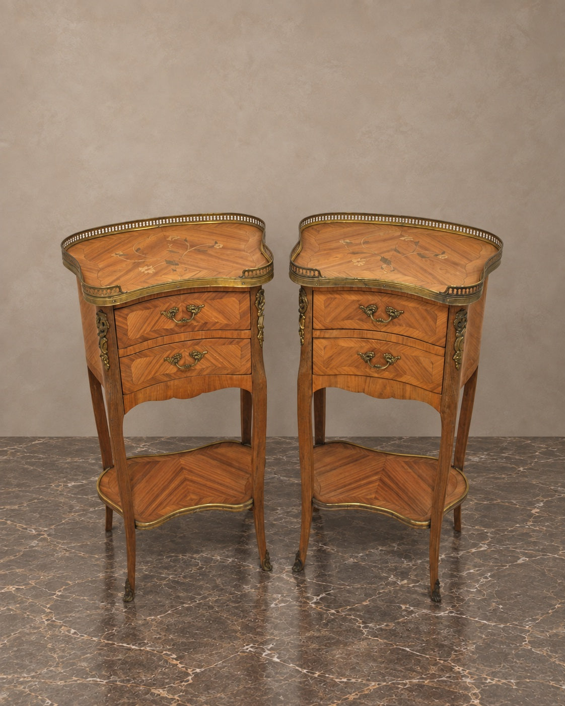 Pair of Louis XV-style marquetry bedside tables, complete pair in a taupe and marble setting