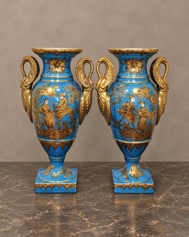 Pair of Turquoise Porcelain Swan-Handled Vases