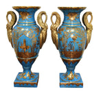 Pair of Turquoise Porcelain Swan-Handled Vases — documentary view on white