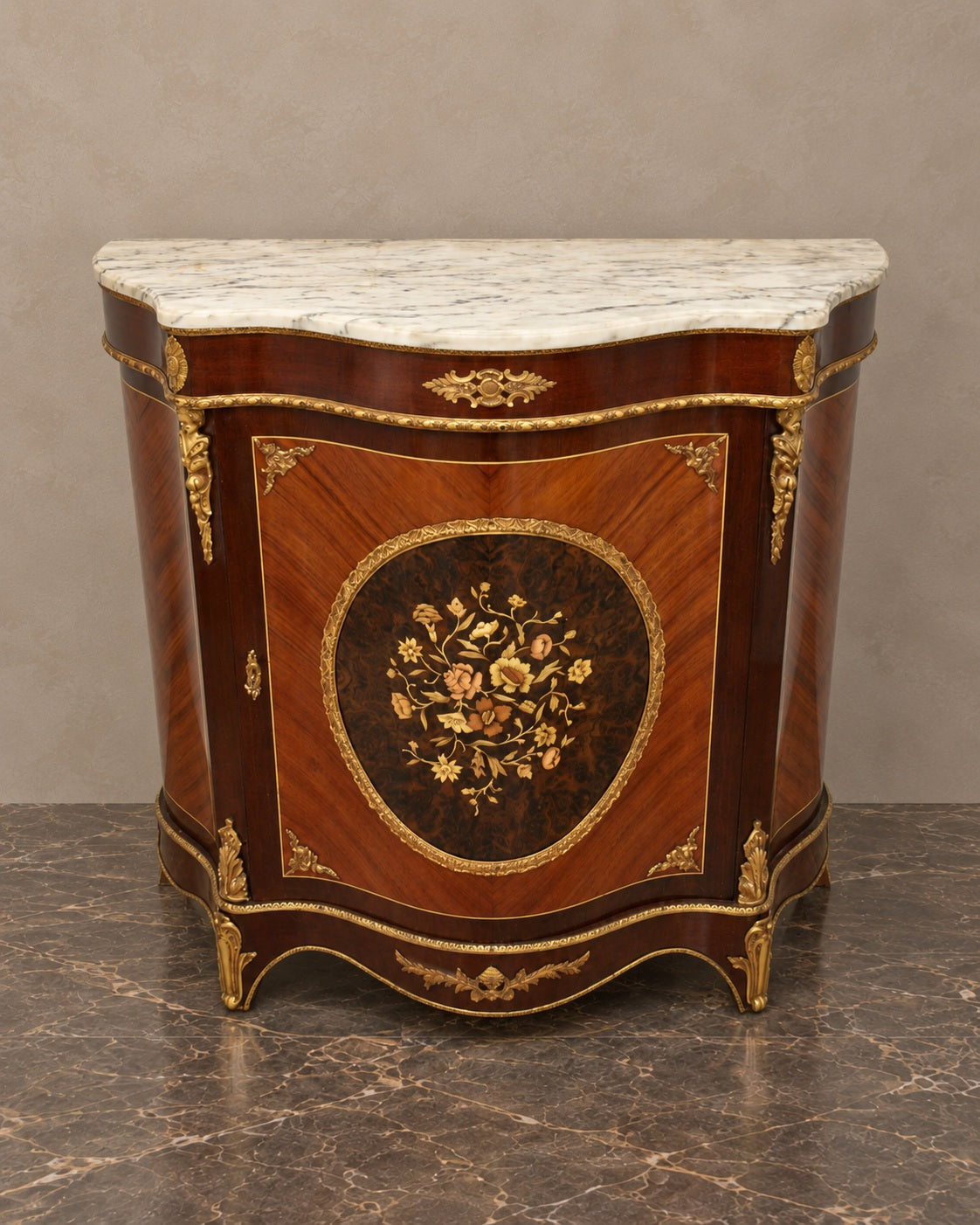 Louis XV-Style Floral Marquetry Cabinet with Marble Top — complete piece in taupe and marble setting