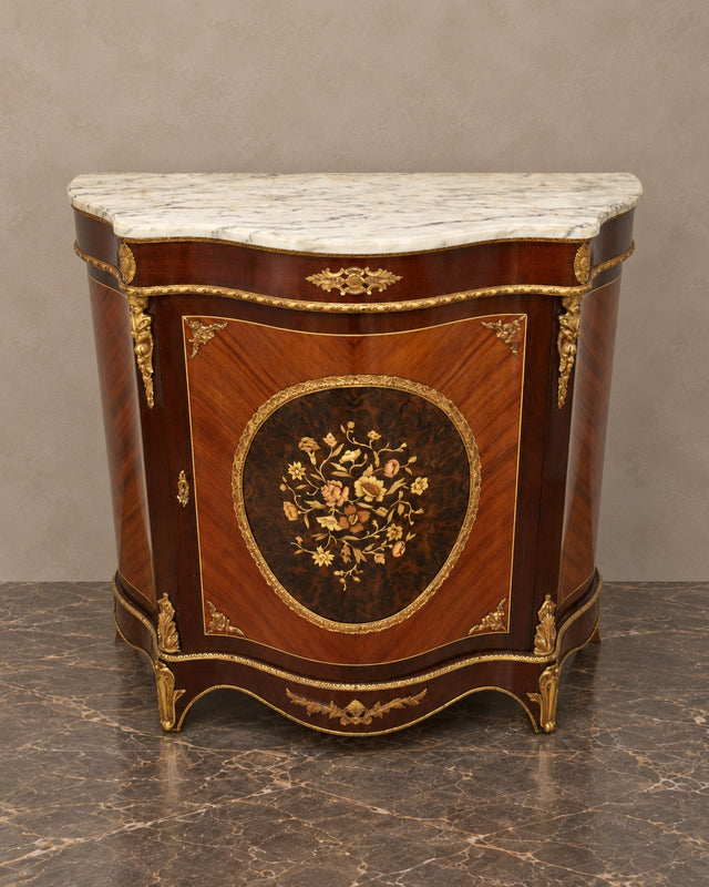 Louis XV-Style Floral Marquetry Cabinet with Marble Top