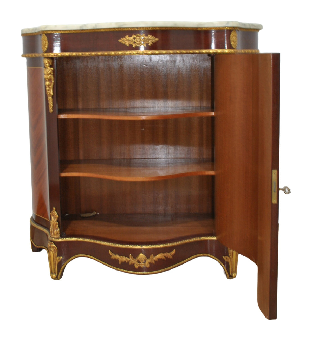 Louis XV-Style Floral Marquetry Cabinet with Marble Top — documentary view on white