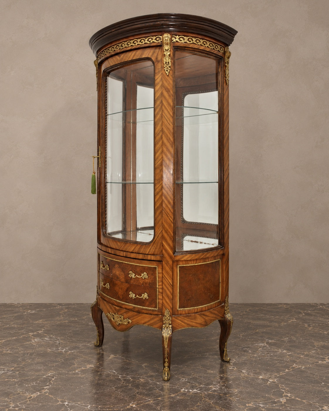Louis XV-Style Curved Glass Display Cabinet — complete piece in taupe and marble setting