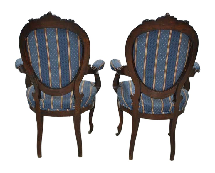 Original rear view of the pair, showing the walnut frames, upholstered backs and legs