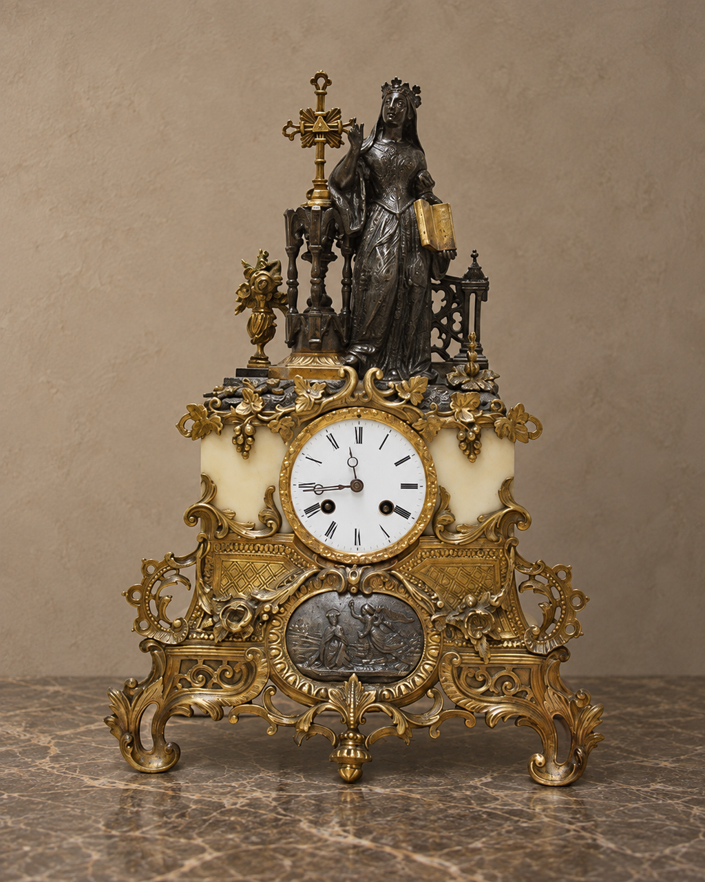 Antique gilt-bronze and marble mantel clock with dark-patinated Virgin figure and gilt cross — main view