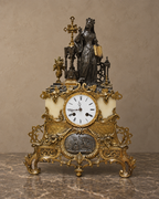 Antique gilt-bronze and marble mantel clock with dark-patinated Virgin figure and gilt cross — main view