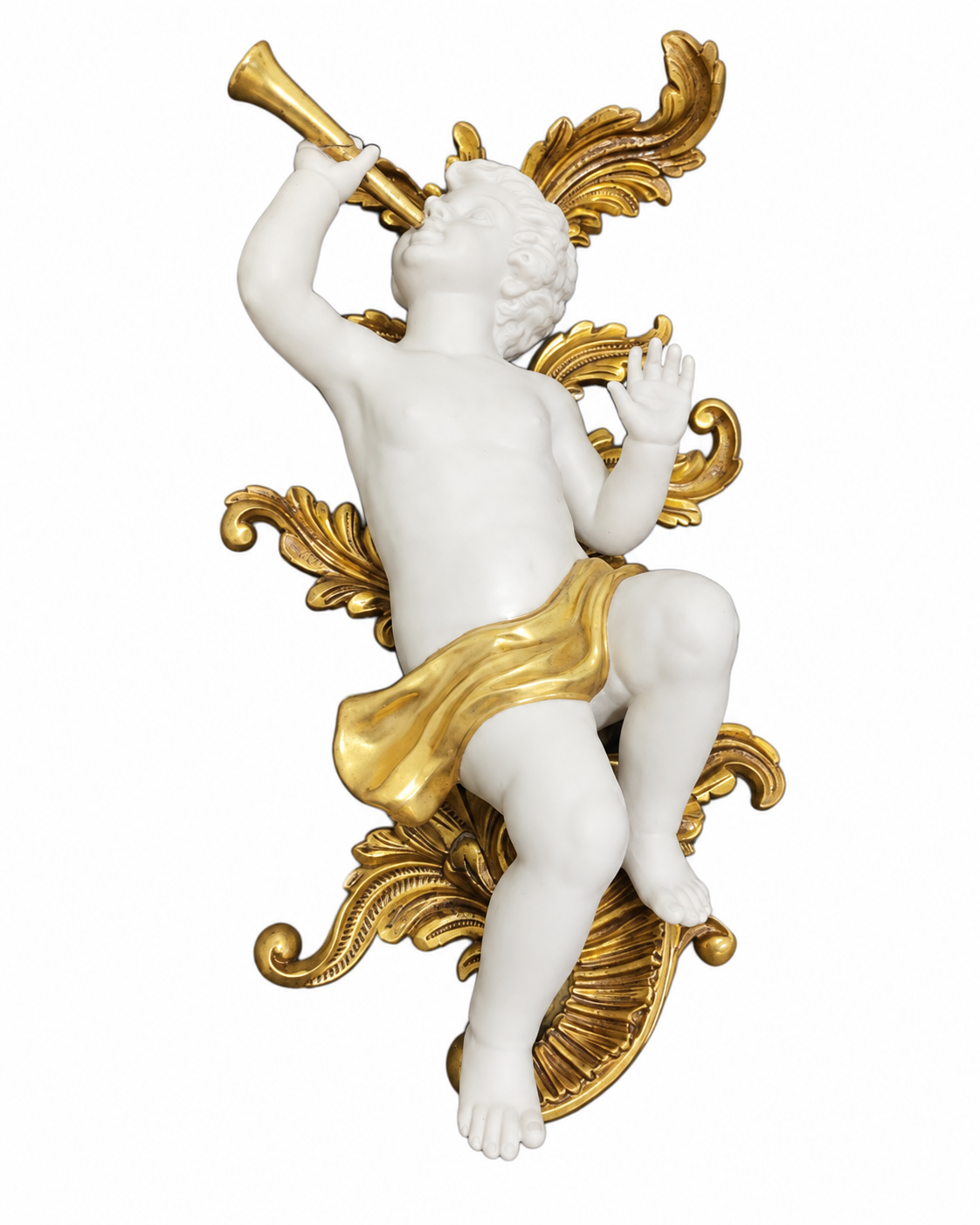 Pair of Biscuit Porcelain Musical Cherubs on Gilt-Bronze Supports — individual musical cherub and support