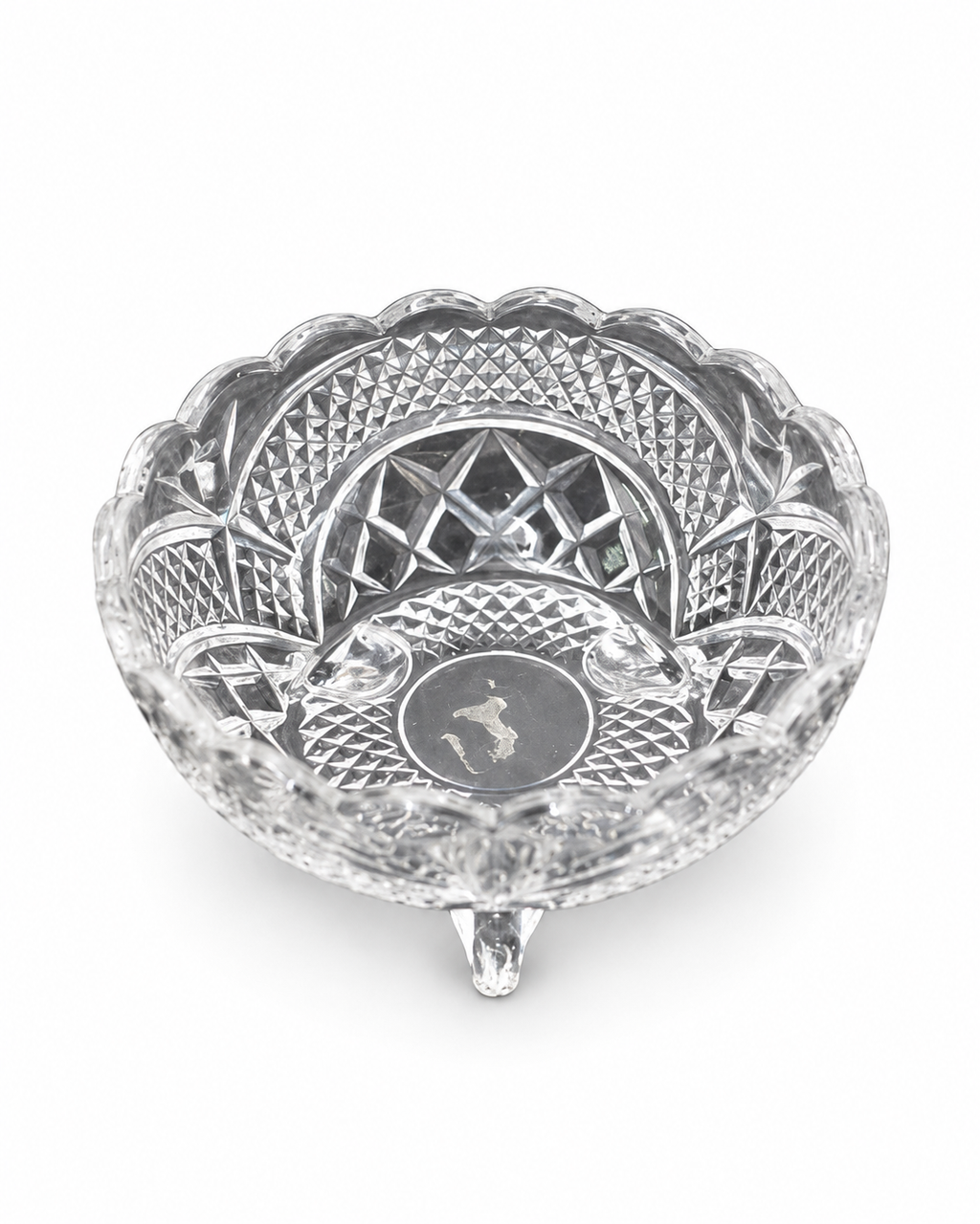 Ruby-Panel Bohemian Cut-Crystal Bonbon Dish — open bowl and engraved base