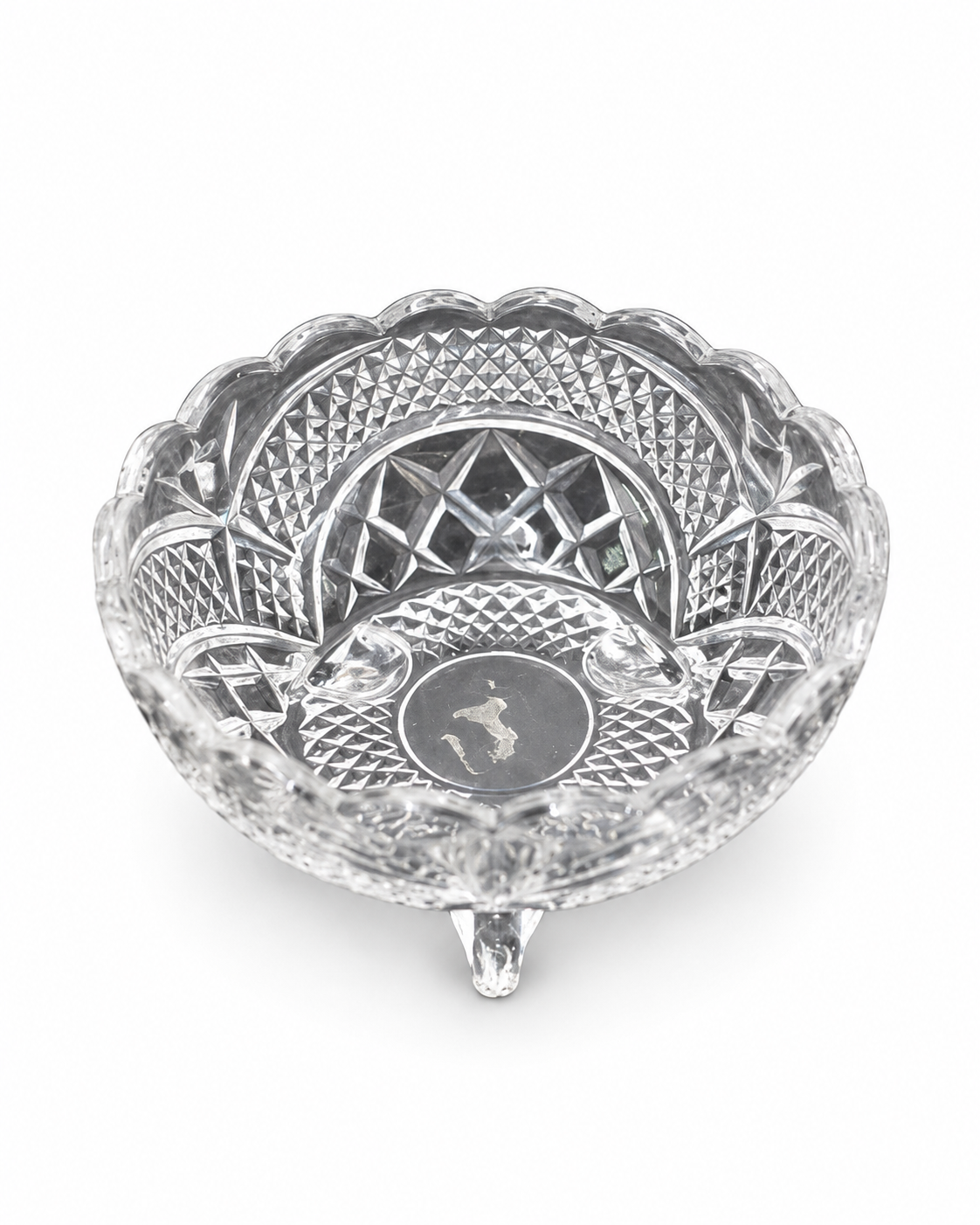 Ruby-Panel Bohemian Cut-Crystal Bonbon Dish — open bowl and engraved base