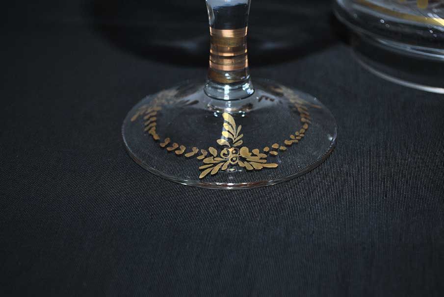 Gilt-Floral Glass Pedestal Bonbon Jar — original photograph of gilt decoration on the foot