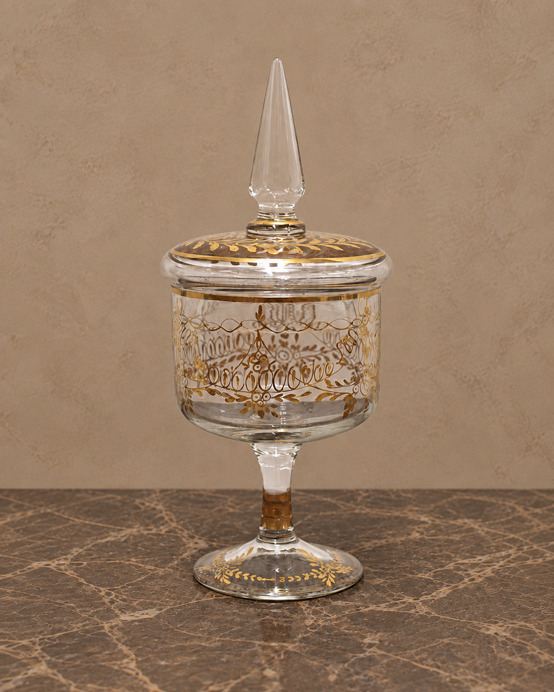 Gilt-Floral Glass Pedestal Bonbon Jar — styled front view