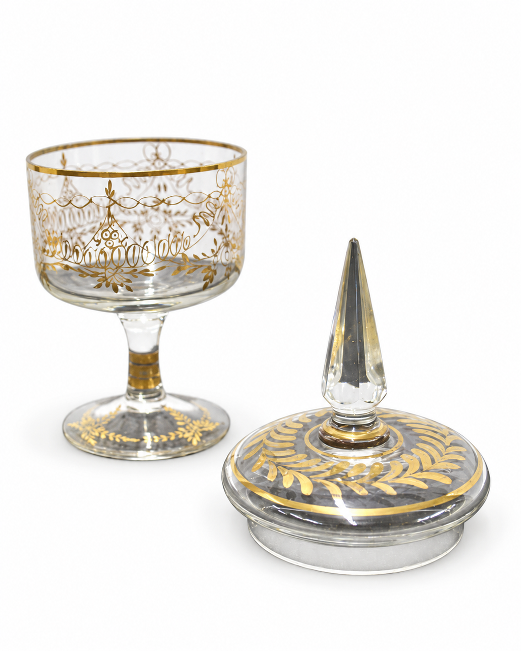 Gilt-Floral Glass Pedestal Bonbon Jar — bowl and lid separately
