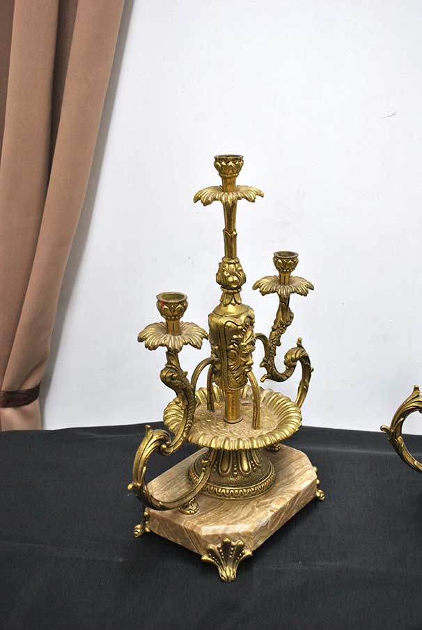Pair of Three-Light Bronze Candelabra on Marble Bases — original photograph of side view and marble base