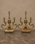 Pair of Three-Light Bronze Candelabra on Marble Bases — styled front view