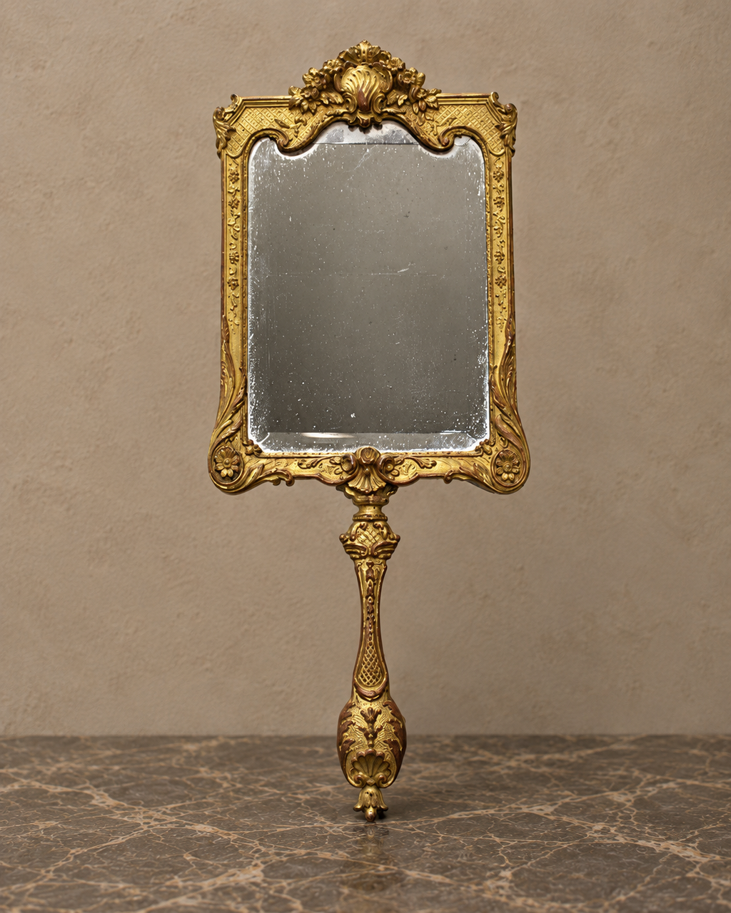 Isabelino-Style Gilt-Bronze Hand Mirror — styled front view