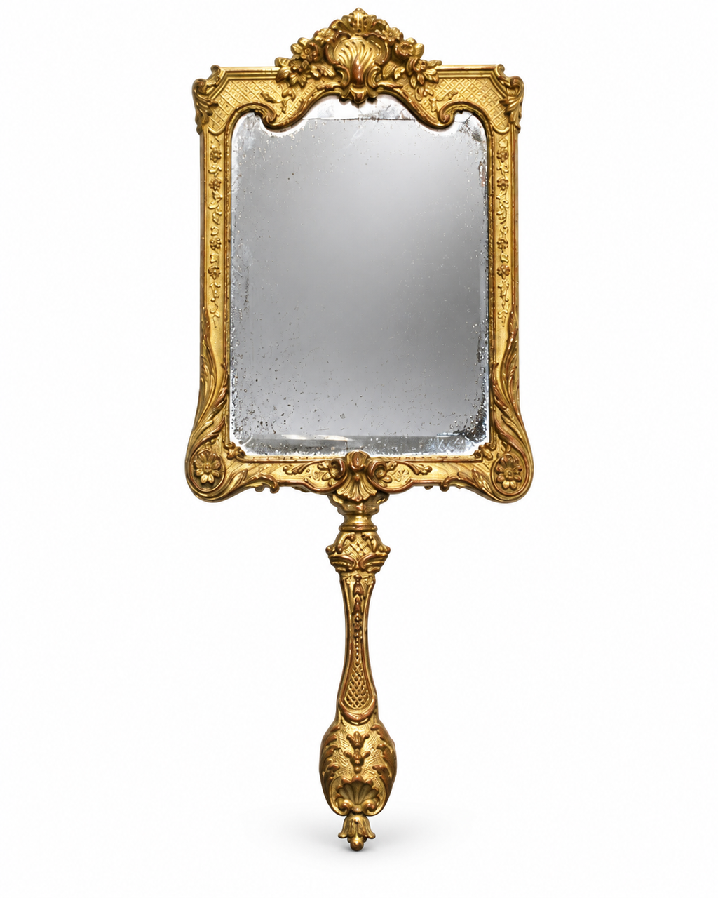 Isabelino-Style Gilt-Bronze Hand Mirror — front view with neutral mirror reflection