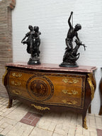 Original front view of the rose marble marquetry chest before background editing. Sculptures are not included.