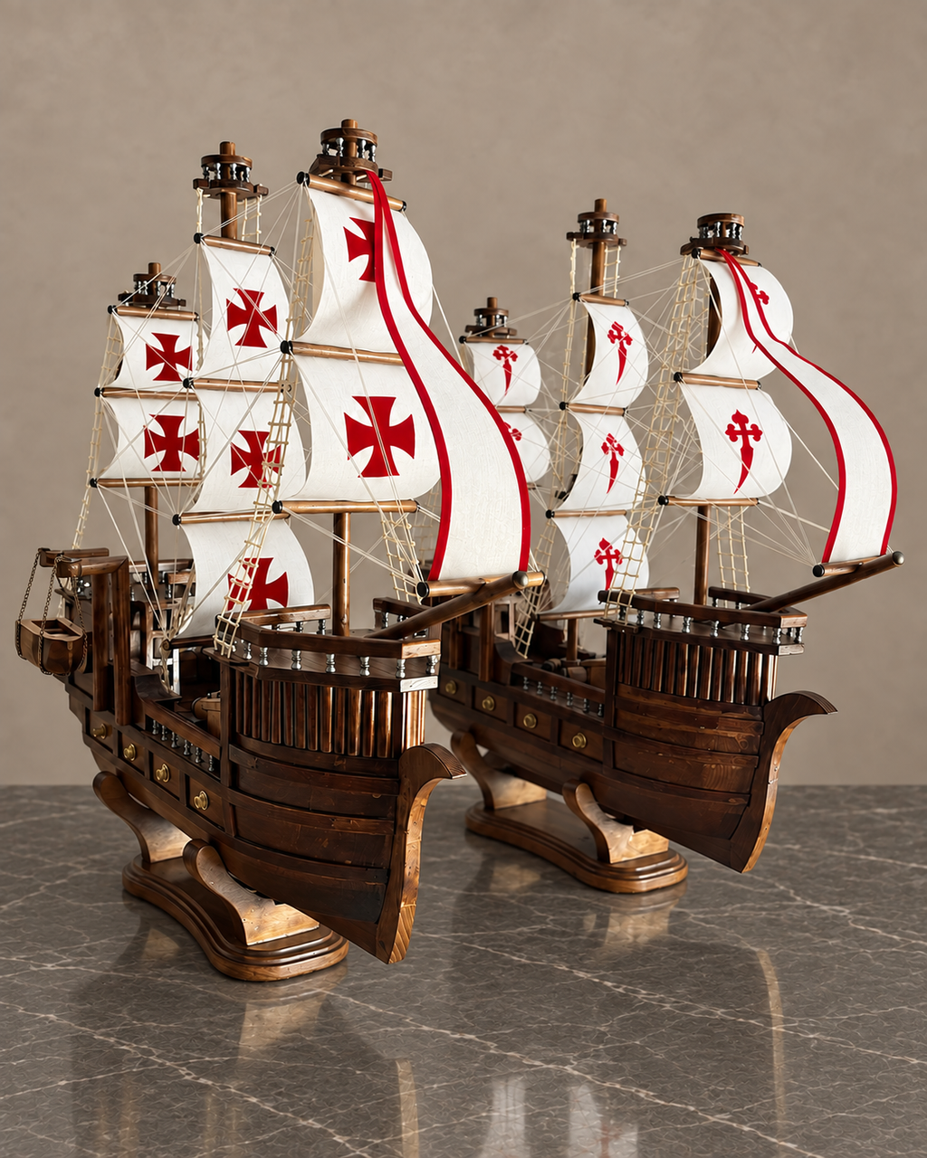 Pair of Handcrafted Beechwood Galleons — styled main photograph