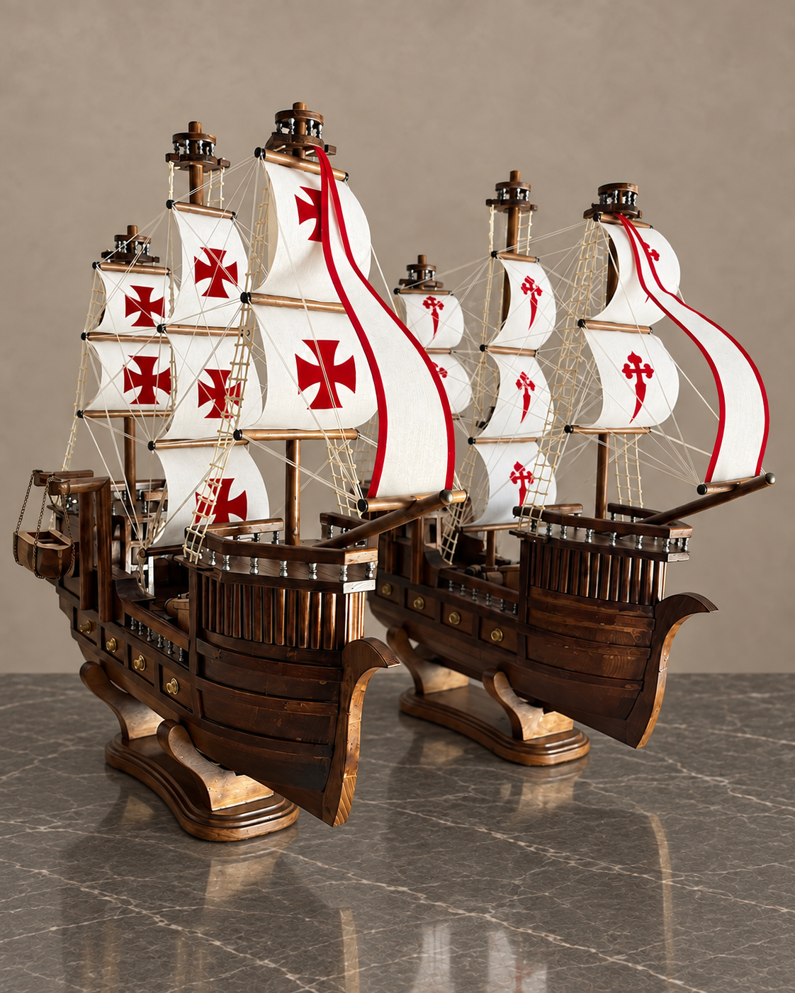 Pair of Handcrafted Beechwood Galleons — styled main photograph