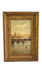 Málaga Harbour — Oil on Panel by J. Murillas — additional view on white