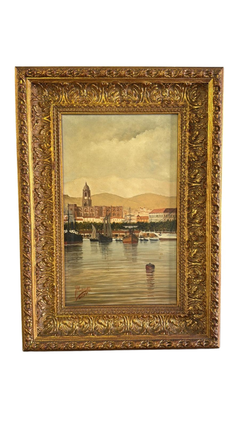 Málaga Harbour — Oil on Panel by J. Murillas — additional view on white