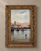 Málaga Harbour — Oil on Panel by J. Murillas — styled main photograph