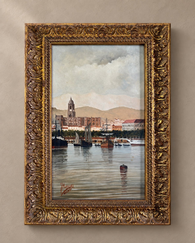 Málaga Harbour — Oil on Panel by J. Murillas