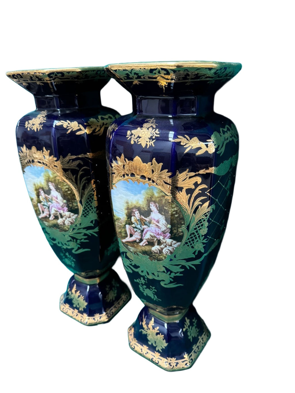 Pair of Faceted Cobalt Vases with Romantic Scenes — additional view on white