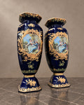 Pair of Faceted Cobalt Vases with Romantic Scenes — styled main photograph