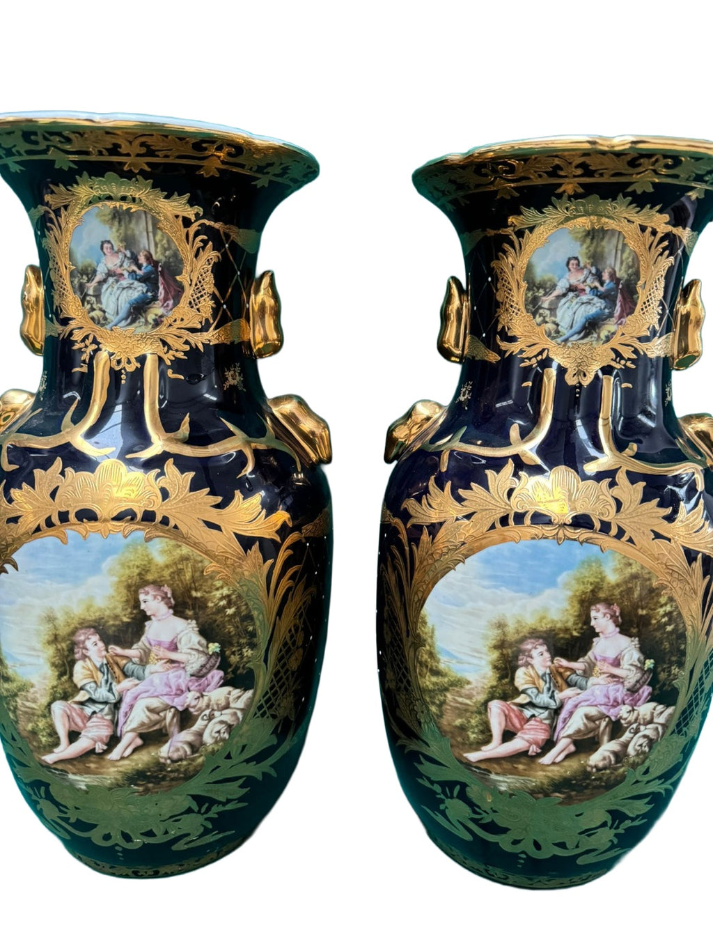 Pair of Cobalt Baluster Vases with Romantic Scenes — additional view on white