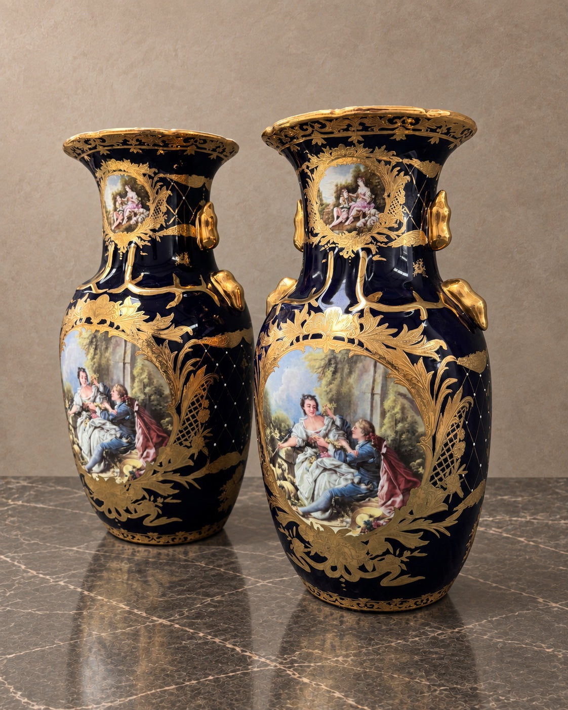 Pair of Cobalt Baluster Vases with Romantic Scenes — styled main photograph