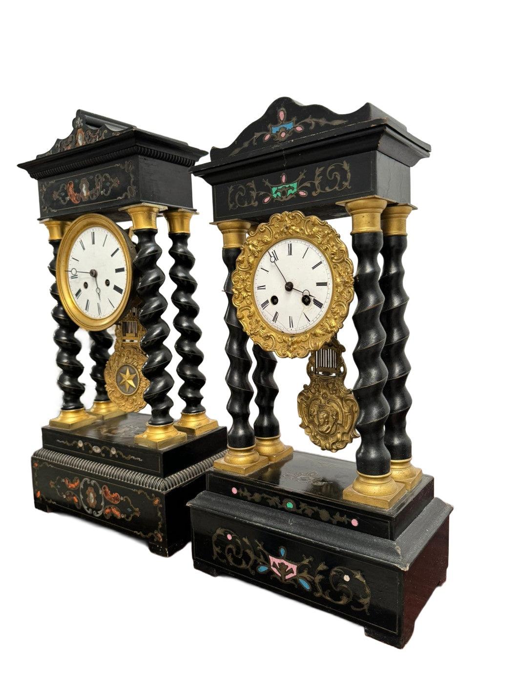 Pair of French Portico Clocks with Twisted Columns — additional view on white