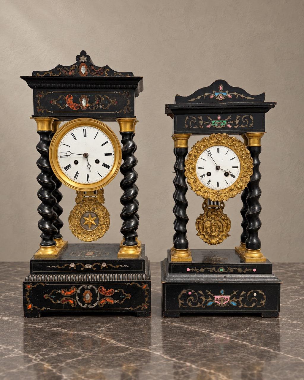 Pair of French Portico Clocks with Twisted Columns — styled main photograph