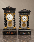 Pair of French Portico Clocks with Twisted Columns — styled main photograph