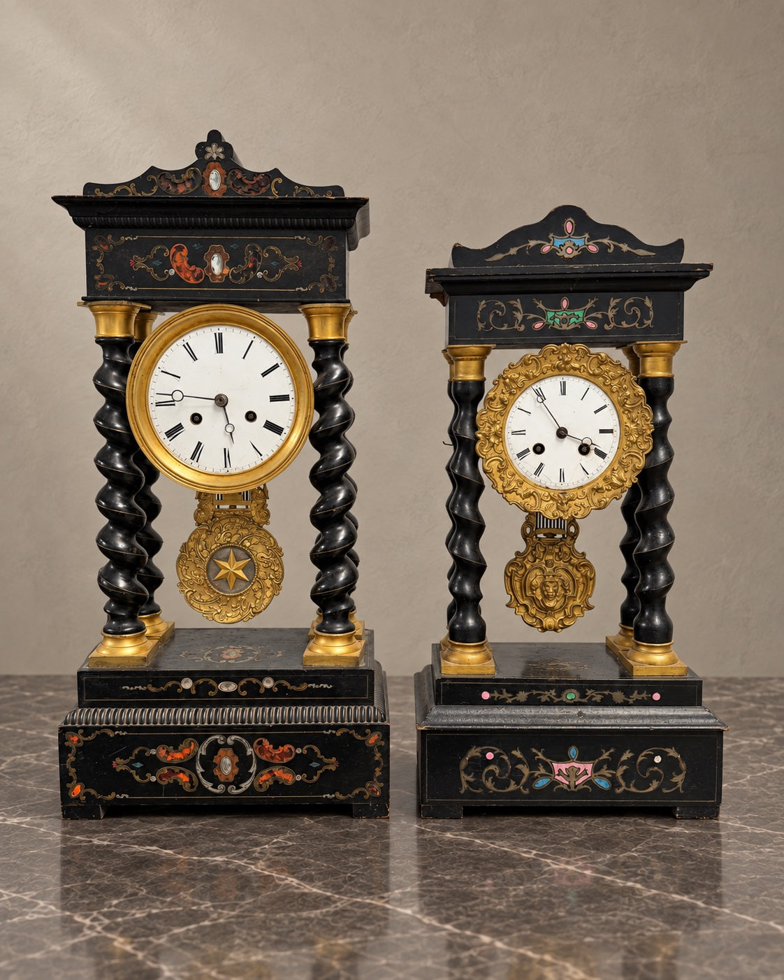 Pair of French Portico Clocks with Twisted Columns — styled main photograph