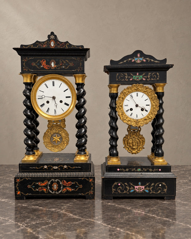 Pair of French Portico Clocks with Twisted Columns