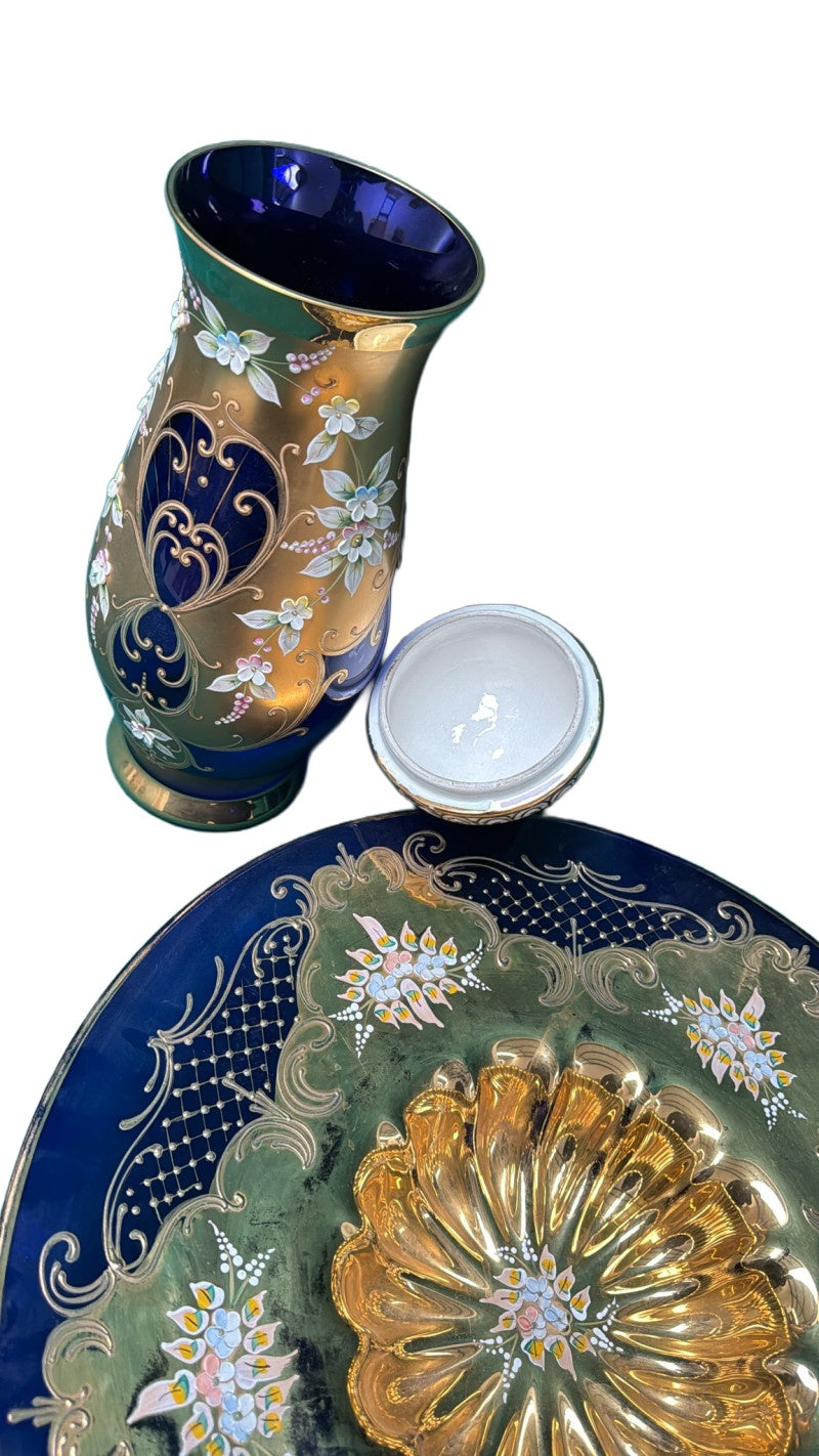 Floral Glass Plate and Covered Sweet Jar — additional view on white