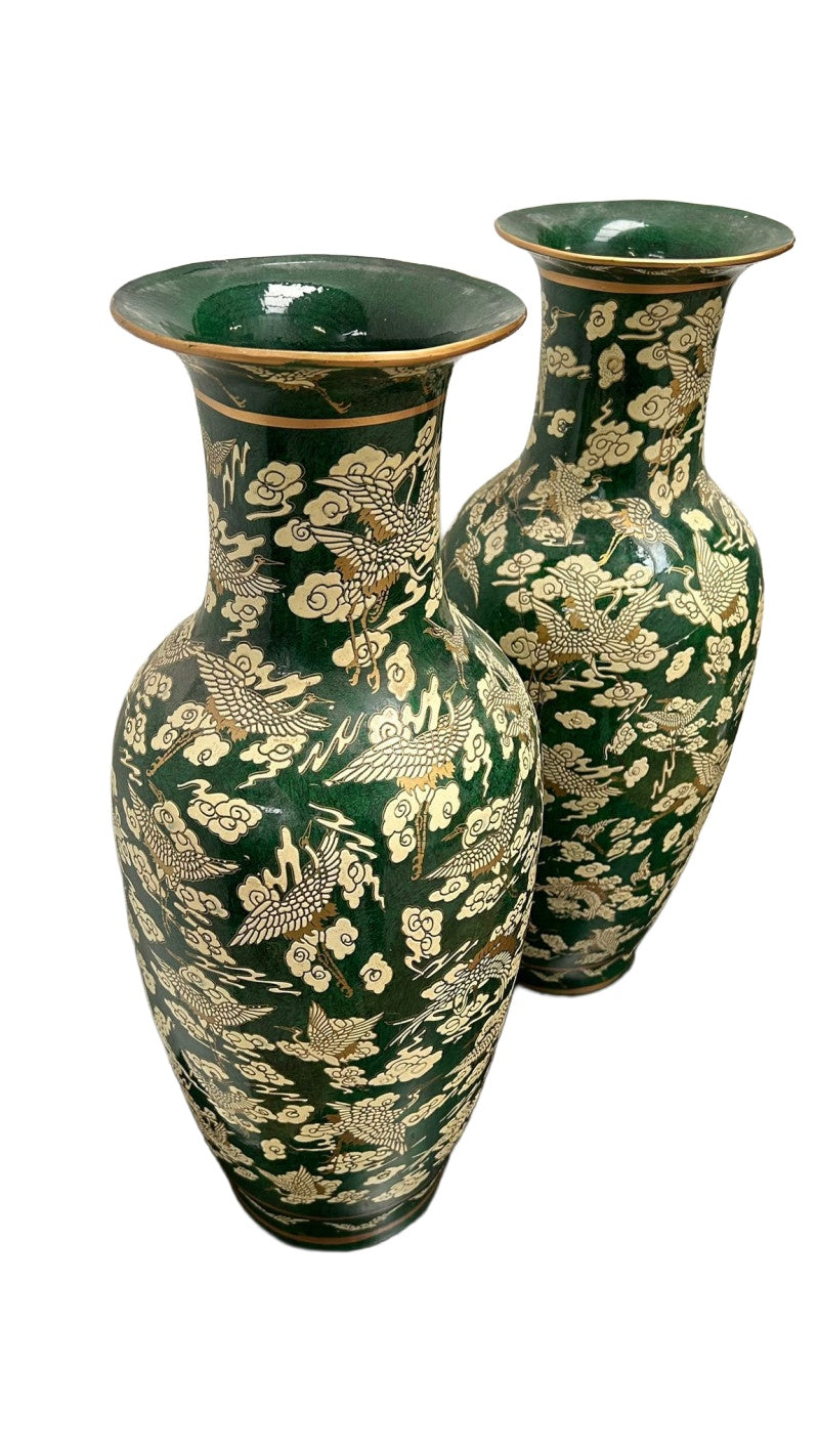 Pair of Green and Cream Vases with Oriental Motifs — additional view on white