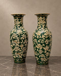 Pair of Green and Cream Vases with Oriental Motifs — styled main photograph