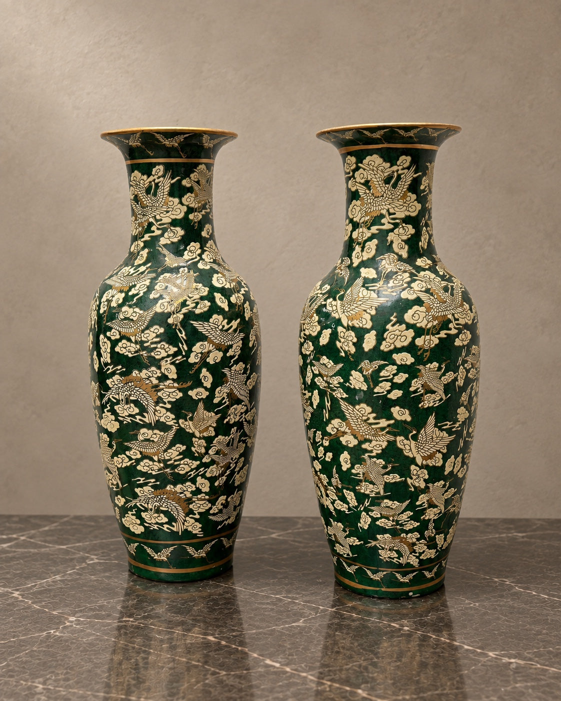Pair of Green and Cream Vases with Oriental Motifs — styled main photograph