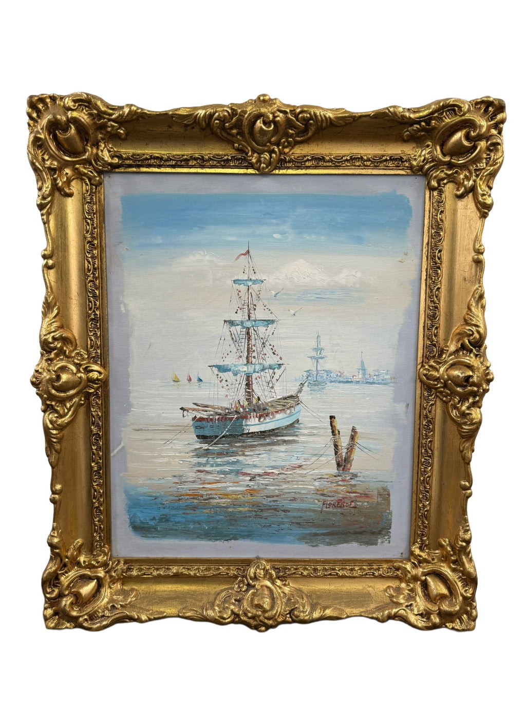 Signed Harbour Sailboat Oil Painting — additional view on white