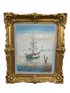 Signed Harbour Sailboat Oil Painting — additional view on white