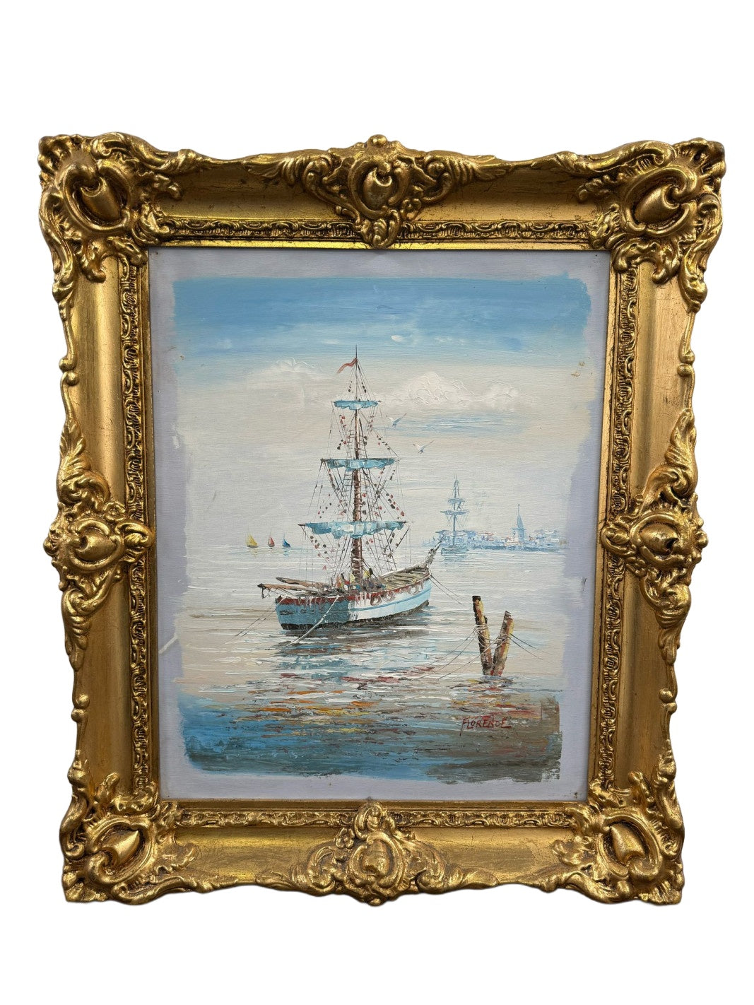 Signed Harbour Sailboat Oil Painting — additional view on white