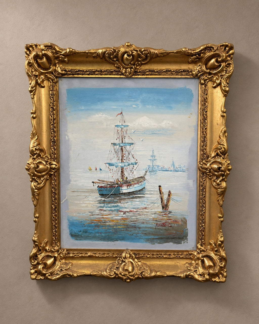 Signed Harbour Sailboat Oil Painting — styled main photograph
