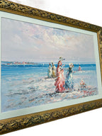 Women on the Beach with Seagulls — Signed Panel Painting — additional view on white