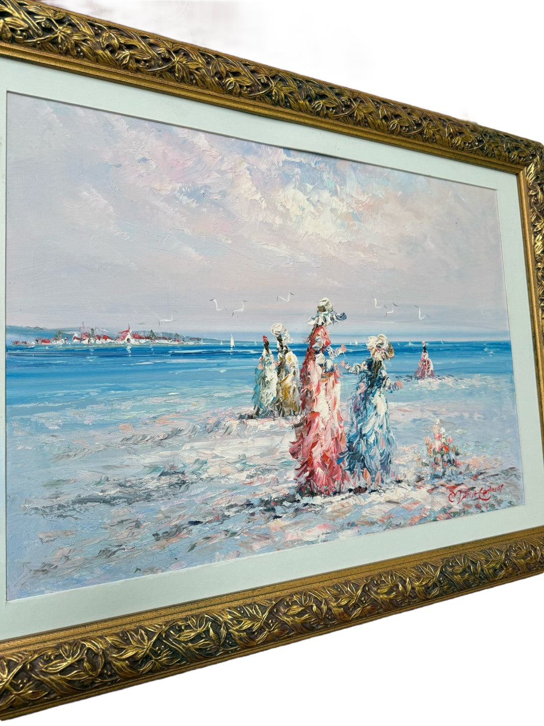 Women on the Beach with Seagulls — Signed Panel Painting — additional view on white